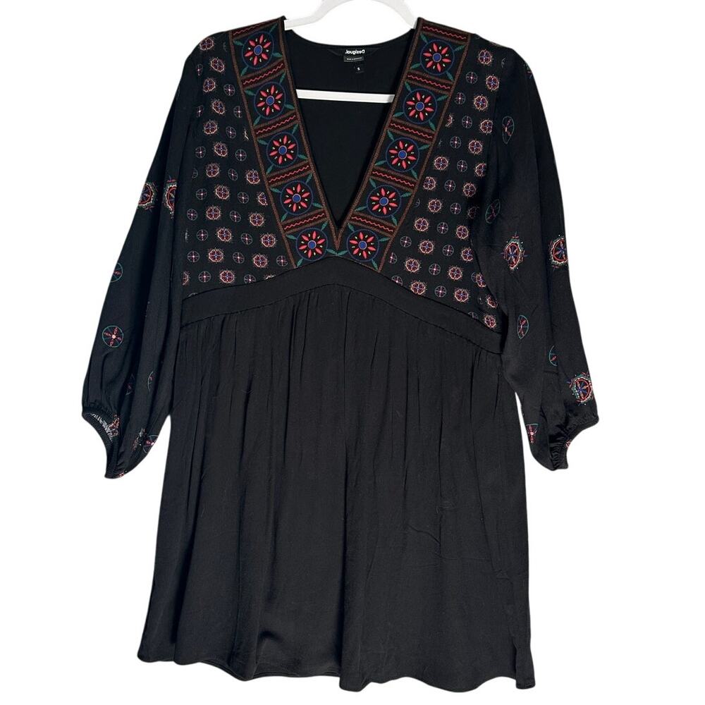 Desigual Babydoll Dress Sz S Black Geometric Floral Boho Print Ethnic Loose Fit